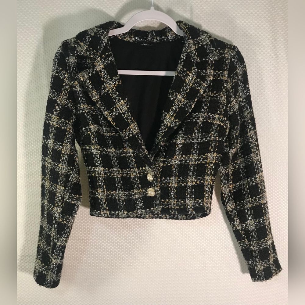 TRIPLE SEVEN Chic Black and Gold Plaid Women's Jacket zize S